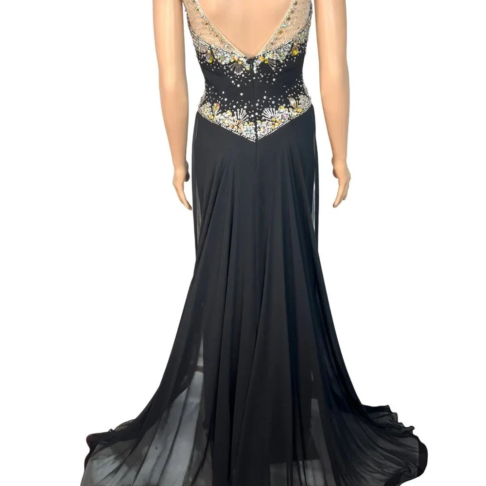 Panoply Black Rhinestone Embellished Mesh Illusion Gown Size 6 W Sheer Neckline - Picture 2 of 13